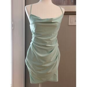 Windsor Mint Green Ruched Bodycon Dress Spaghetti Strap Cowl Neck